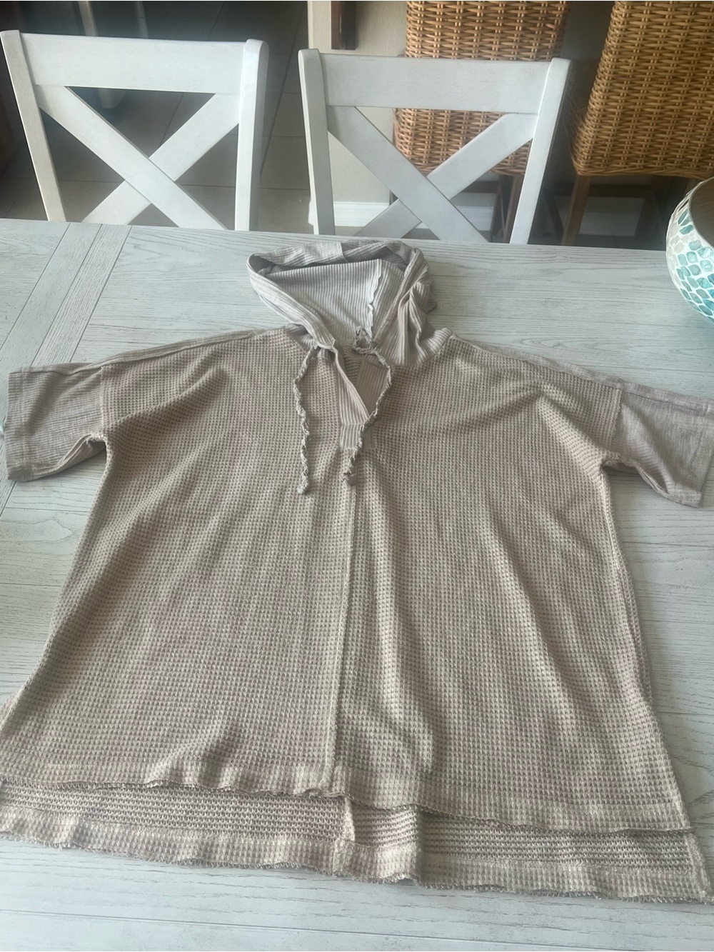 POL Oversized Waffle Knit Hooded Top Raw Seam Boho Tunic Small